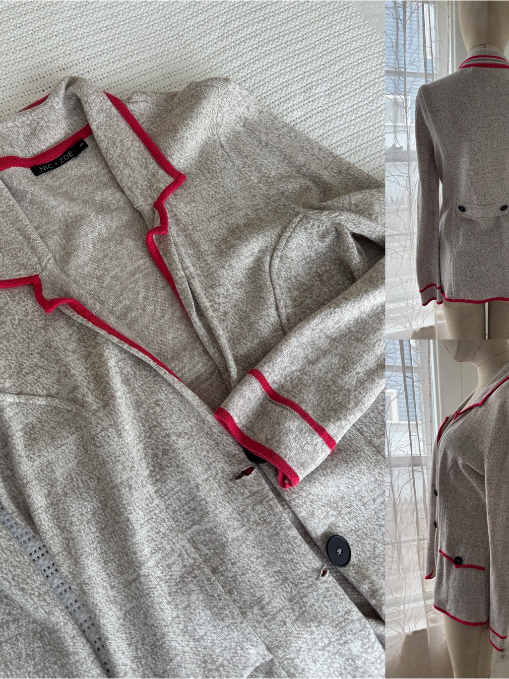 Light Gray Knit Blazer With Pink Trim - Women's Jacket